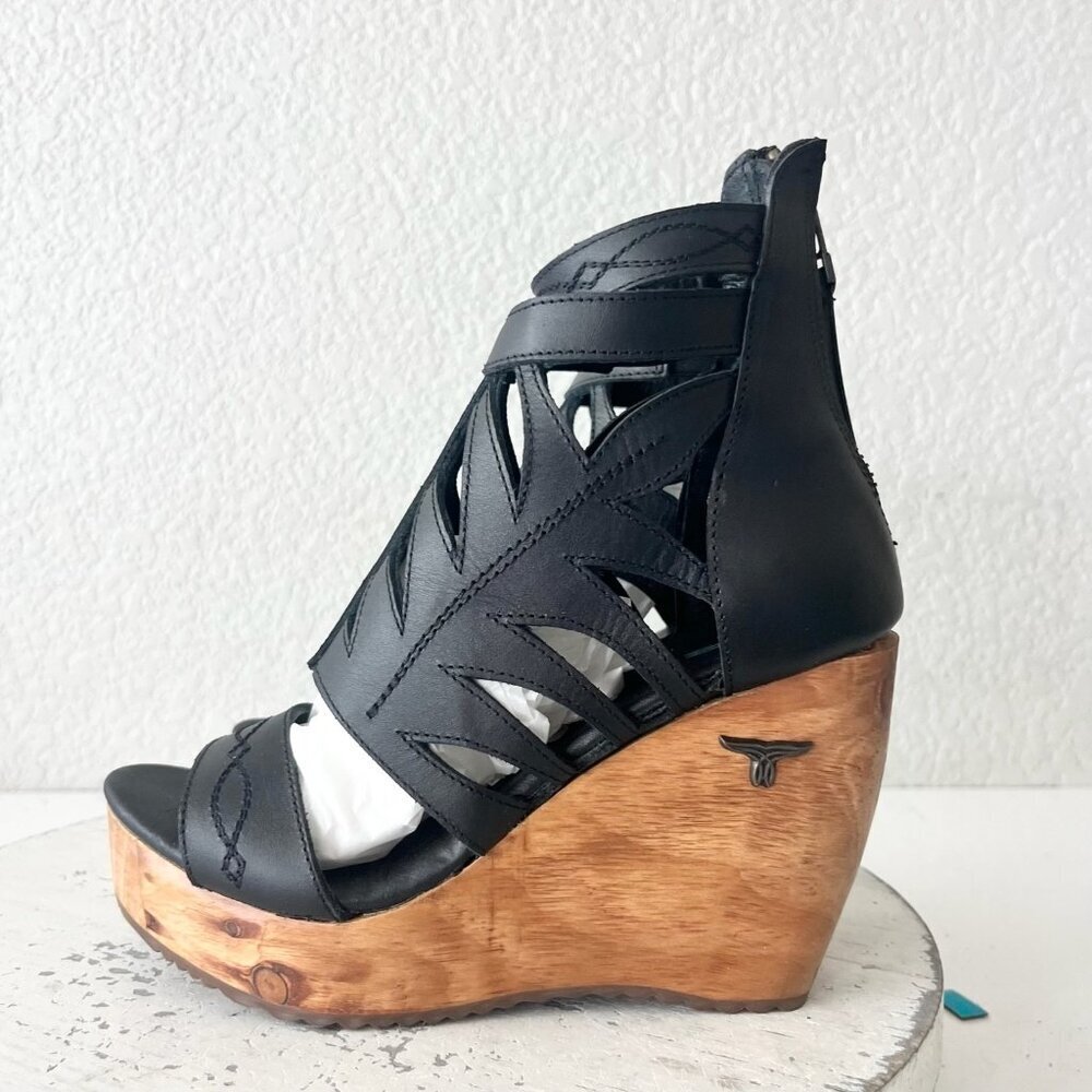 Lane Boots BECCA Womens Black Wedges Western Sandals Cowgirl Wooden Heel Size 5 - Picture 4 of 11